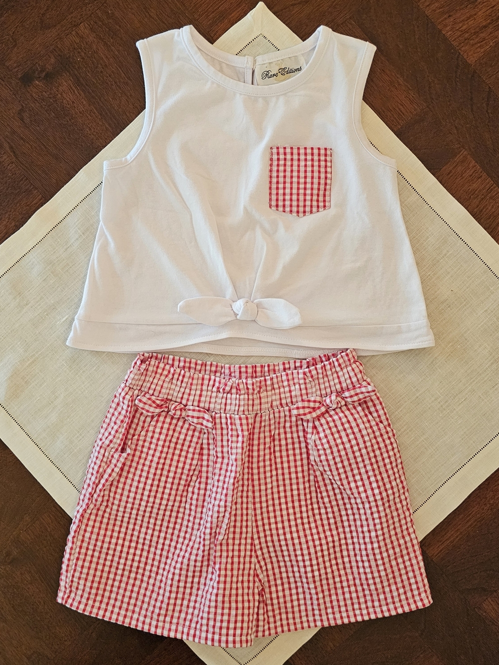 Rare Editions Girls Two-Piece Set- Sleeveless Tie-Front Top Red Gingham Shorts 6